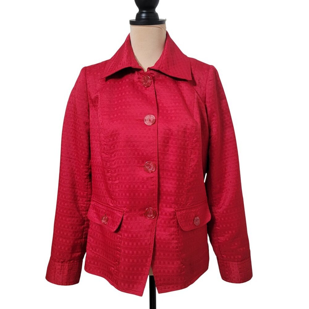 TanJay Size 8 Red Geometric Textured Cardinal Red Long Sleeve Button-Up Blazer
